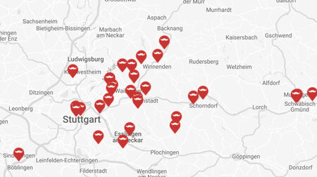 Bild von regionaler Karte mit Pin-Nadeln unserer Filialen